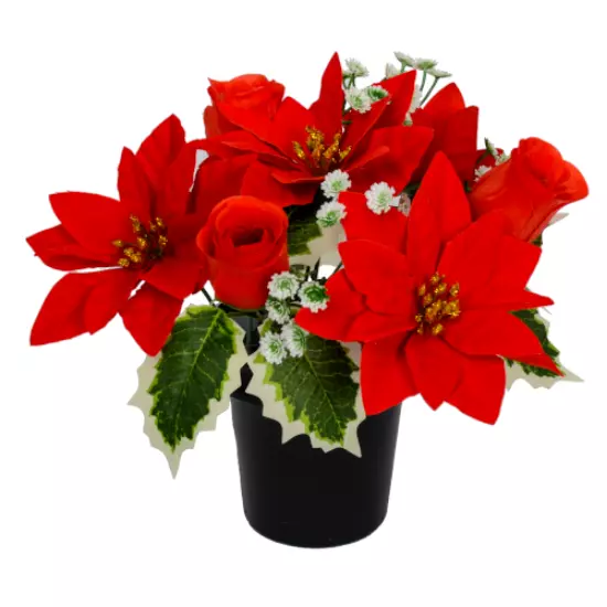 Red Xmas Artificial/Silk Poinsettia Rosebud & Holly Cemetery Memorial Grave Pot