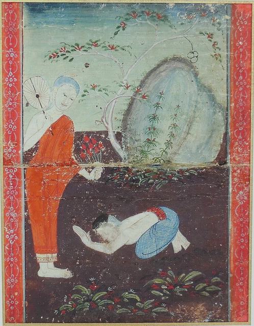 Antique C19th Thailand BUDDHIST Illuminated Manuscript Painting Thangka FRAMED