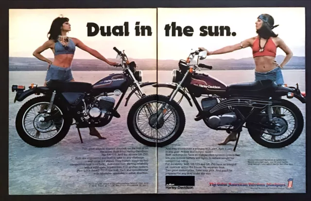 1975 Harley-Davidson SX-175 & 250 Motorcycle photo "Dual in the Sun"  2-page Ad