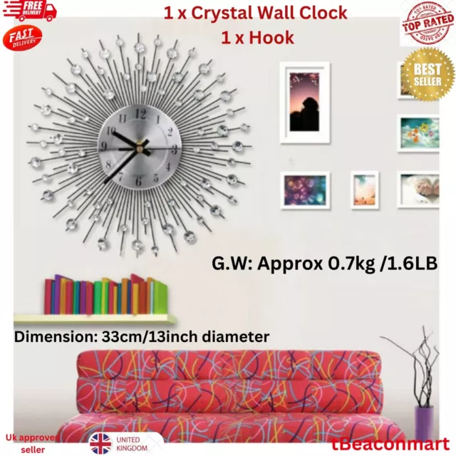 Jewelled Diamante Beaded Wall Clock Crystal Sunburst 33cm Home Decor Living Room