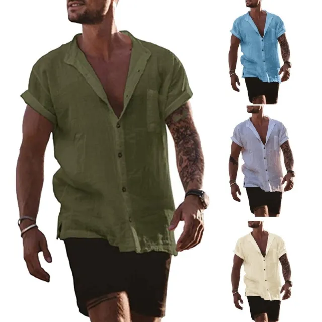 Men Linen Style Short Sleeve Shirts Beach Casual Button Down Formal Dress Shirt