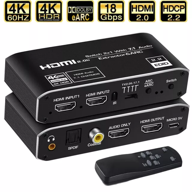 2x1 4K HDMI Switch Switcher eARC Audio Extractor with ARC Optical Toslink 7.1CH