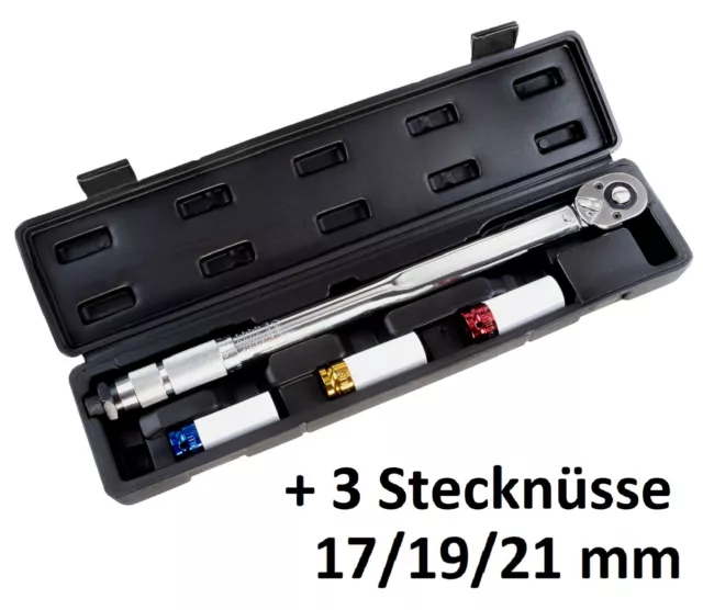 Drehmomentschlüssel 1/2 Zoll, Auto, Werkzeug 40-210 Nm, 3 Stecknüsse 17 19 21mm