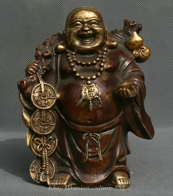 6" Chinese Bronze Gold Happy Maitreya Buddha Wealth Money Bag Gourd Coin Statue