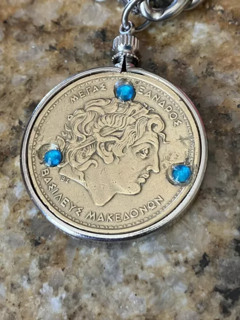 Handmade 1990 Alexander the Great Greek Coin Pendant Necklace w/ Silver Chain