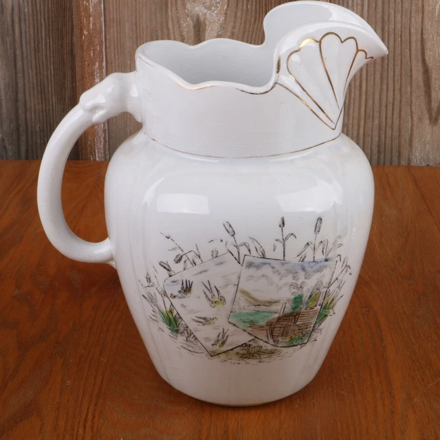 Large Vintage Pitcher Elsie Dock Birds Cattails