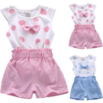Baby Kids Girls Short Sleeve Outfits Bow T-Shirt Top Shorts Summer Clothes Set