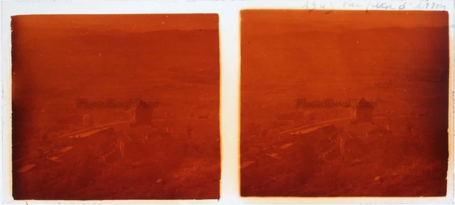 Village avec église Paysage France 1949 Photo Plaque de verre Stereo Vintage 