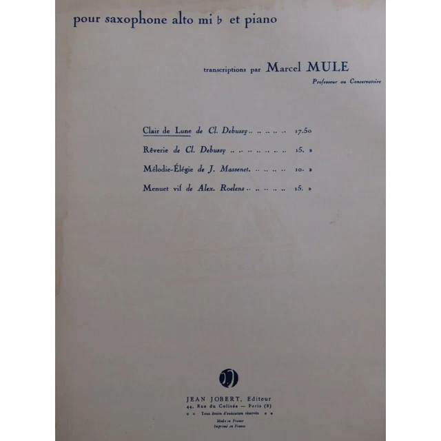 DEBUSSY Claude Clair de Lune Piano Saxophone 1950