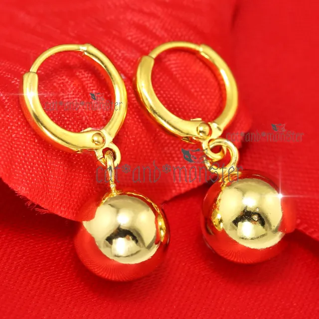 24K Yellow Gold Filled Classic 10Mm Bead Ball Drop Dangle Womens Hoop Earrings