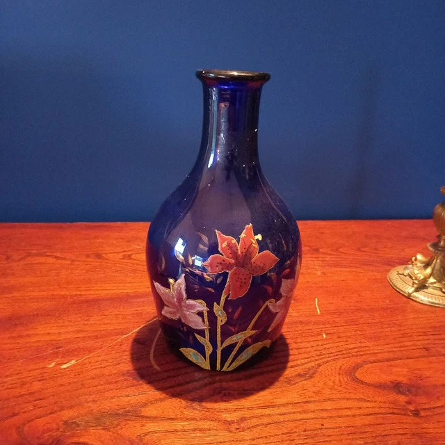 Legras / Vase bouteille émaillé de fleurs / Bleu cobalt/nuit / Art Nouveau