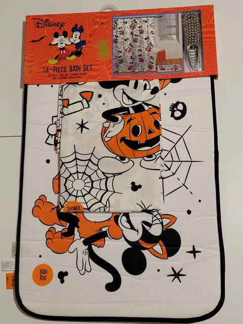 DISNEY Minnie Mickey Mouse Halloween SHOWER CURTAIN BATH Mat  & Hooks SET 14 Pc