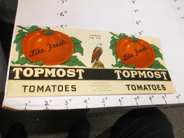 TOPMOST tomatoes 1930s eagle metal tin can food paper label General Grocer