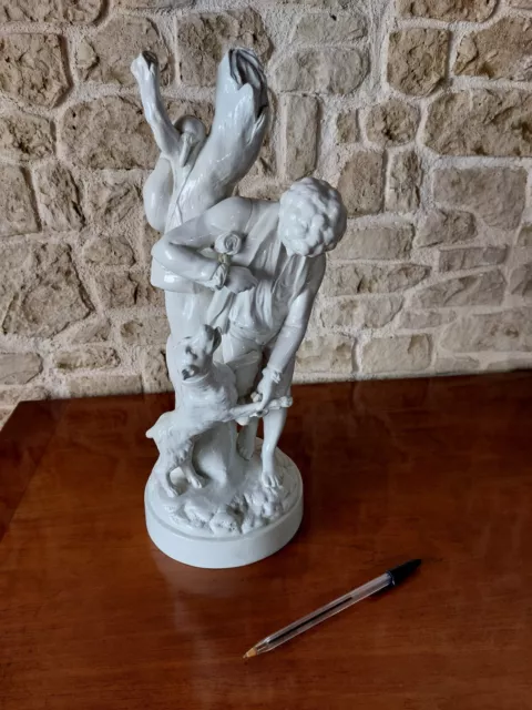 Tres Grand Biscuit Porcelaine Niderviller Homme Jouant Avec Son Chien - 39 Cm