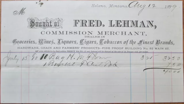 Helena, MT 1879 Letterhead, Grocery Wine Liquor Cigars Tobacco, Montana Mont
