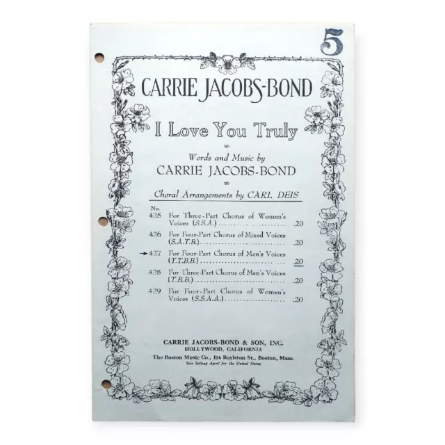 Carrie Jacobs-Bond: I Love You Truly 1952 Sheet Music 4-Part Choral Arrangement