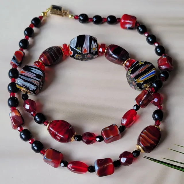 Necklace 20'' Czech  Red Murano Glass Beads Art Deco Style Women's Jewelry