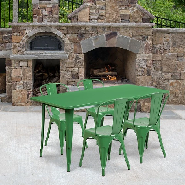 Commercial Grade 31.5" x 63" Rectangular Green Metal Indoor/Outdoor Table Set w/