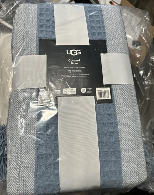 UGG CONRAD Throw Blanket  50”x 70” Succulent Dusty Blue Soft Tassels NEW