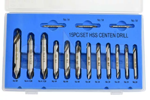 SHARS 15PC HSS Center Drill Set 60° Combined Countersink #1,2,3,4, 4-1/2,5  !}