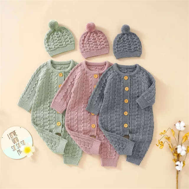 Newborn Infant Boys Girls Knitted Sweater Baby Jumpsuit Romper Hat Outfits Sets