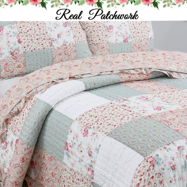 New! ~ Cozy Shabby Chic Romantic Pink Red Blue Green Lace Rose Ruffle Quilt Set