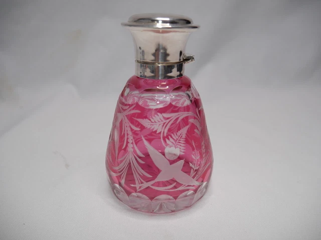 Fine Old Antique Cut Back Cranberry Crystal & Sterling Perfume Cologne Bottle