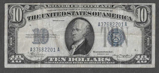 FR. 1701 Ten Dollars ($10) Series of 1934 Blue Seal Silver Certificate