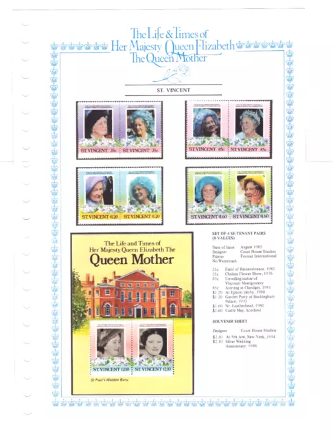 St Vincent - Set Of 8 Stamps On Card - Queen Mother - Format - 1985