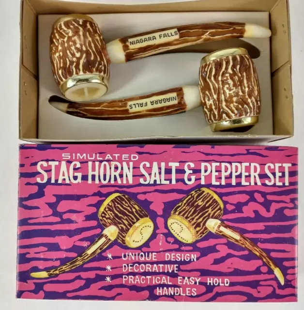 Vintage Salt & Pepper Shaker Set, Niagara Falls, NY Simulated Stag Horn Pipes
