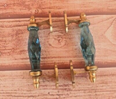 Vintage Style Brass Blue Victorian Cut Glass 2 Pcs Pull Push Door Drawer Handle 2
