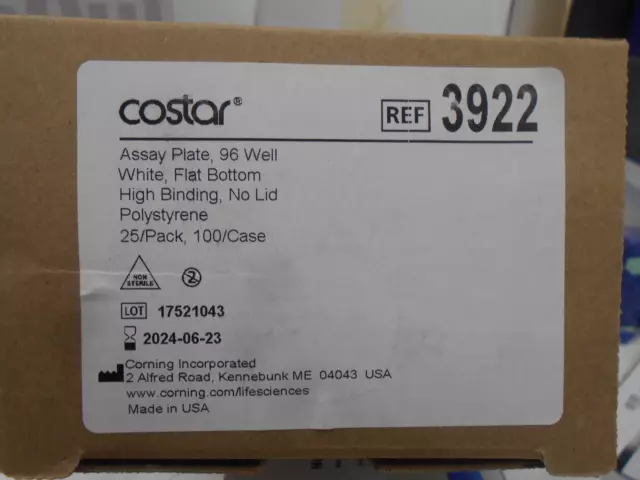 CORNING COSTAR 3922 Assay Plate 96-Well White Flat Bottom HB No Lid 25/BOX