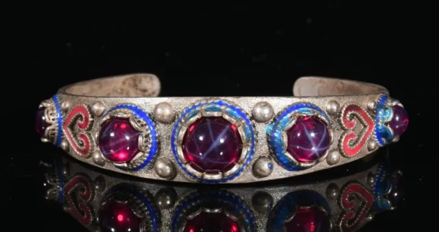 2.7 '' Old China argent cloisonné serti de rubis bracelet bracelet bracelet