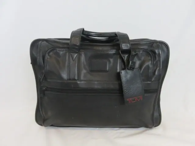 Tumi Alpha Black Leather Laptop Computer Bag Travel Expandable Briefcase 17x12"