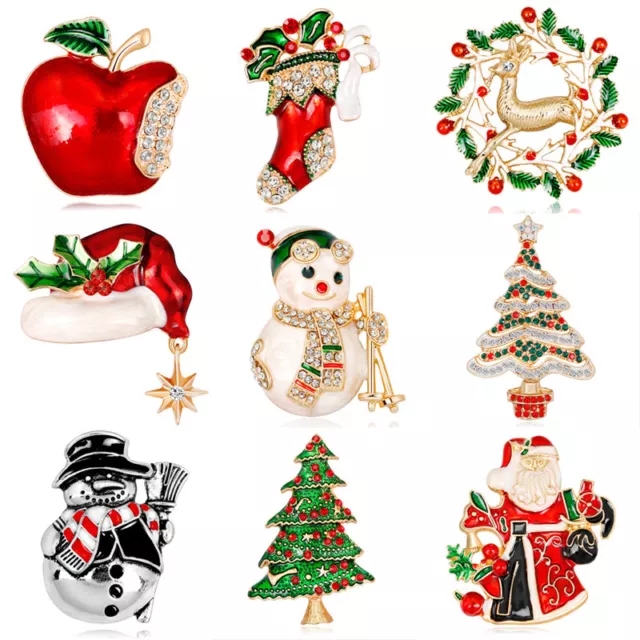 Enamel Christmas Tree Bell Deer Snowman Crystal Brooch Pin Party Gift JewelY-EL