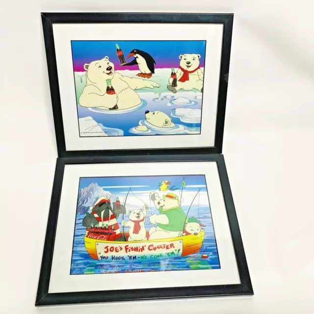2 Coca Cola Coke Bear Family Framed Serigraphic Cell Print Pictures 1998 Vintage