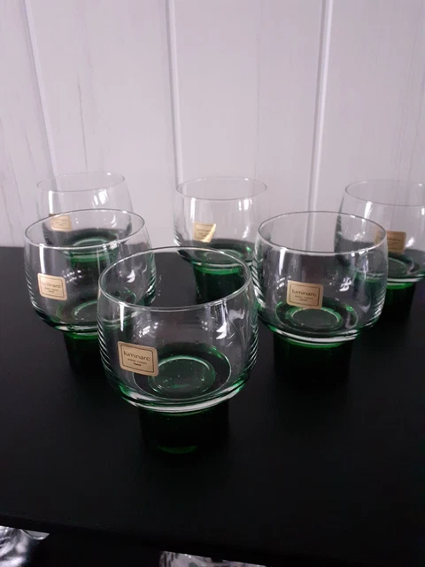 6 Verre A Eau Ou Orangeade Luminarc Cristal D'arques Vigne Pied Vert Vintage