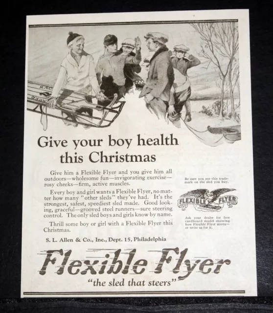 1923 Old Magazine Print Ad, Flexible Flyer Snow Sled For Christmas, It Steers!