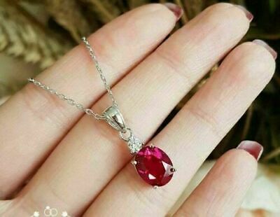2.00Ct Oval Cut Ruby Solitaire Pendant Necklace 14K White Gold Finish