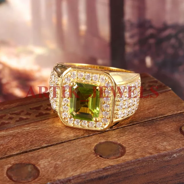 Natural Peridot Gemstone with 14K Gold Plated Silver Ring For Men's #2797