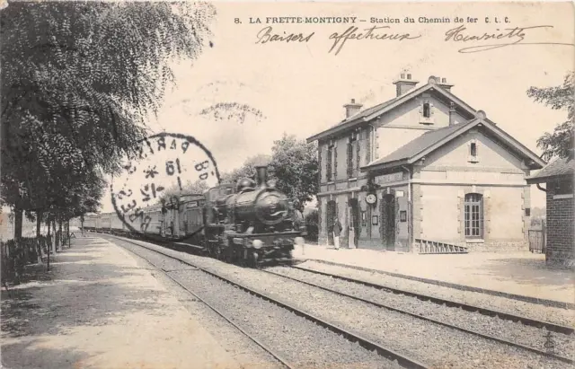 CPA 77 LA FRETTE MONTIGNY RAILWAY STATION (TRAIN IN STATION (back undivided)