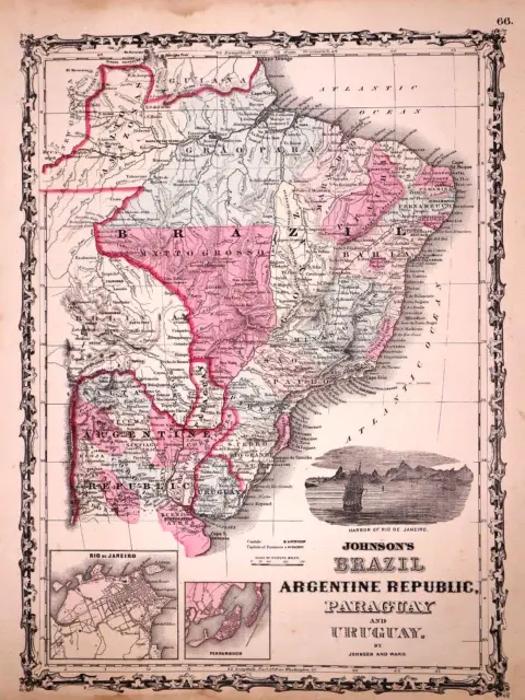 1863 Map ~ BRAZIL, ARGENTINE REPUBLIC, URUGUAY ~ Johnson & Ward (14x18)-#1715