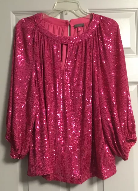 Vince Camuto Hot Pink Fuchsia  Womens 3/4 Sleeve Designer Sequin Top Size XL