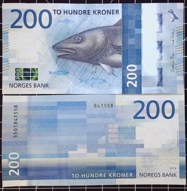 1X NORWAY 2016 200 KRONER fish UNC CRISP FORIEGN BANKNOTE