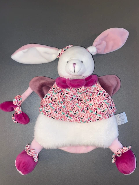 Doudou et Compagnie Marionnette Lapin plat Cerise Blanc Rose fushia fleur NEUF