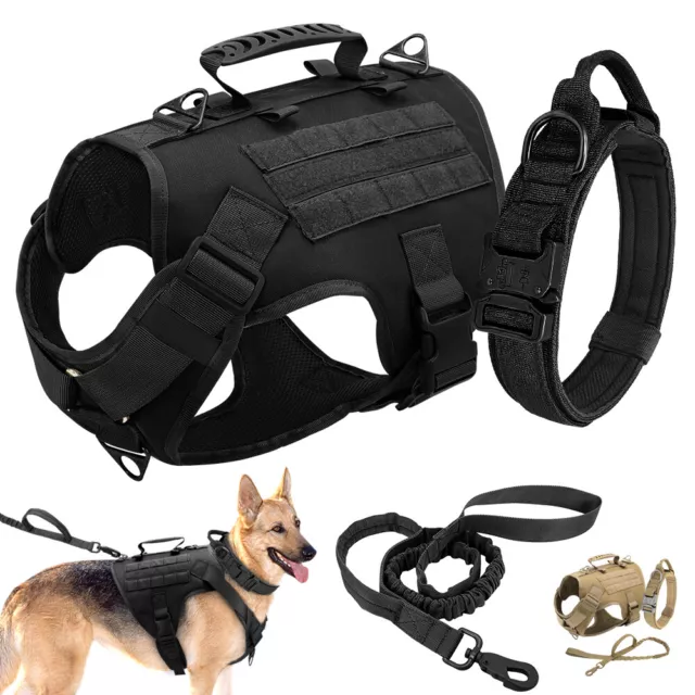 Tactical Military Dog Harness Training Collar Nylon Bungee Leash Large Dogs S-L