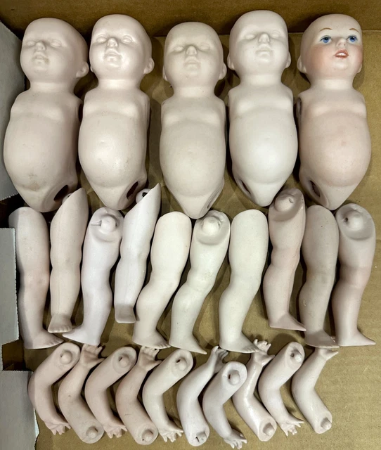 Vintage Porcelain Bisque 5 Baby Doll Head Body Leg Arm Parts Making Repair Lot