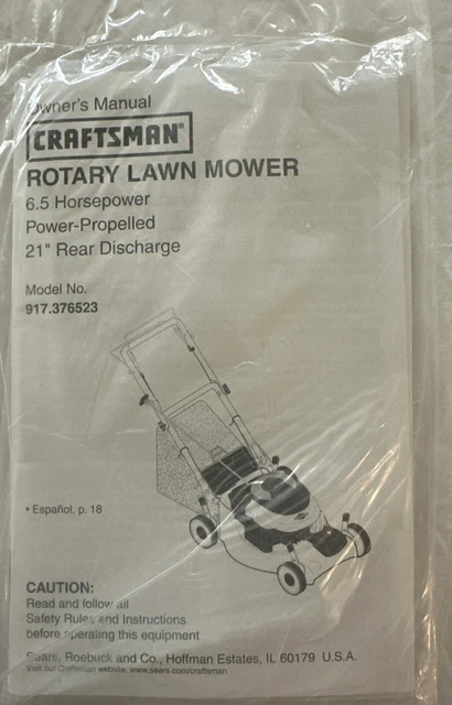 Owners Manual Craftsman 21” Rear Discharge Rotary Lawn Mower Model 917.376523