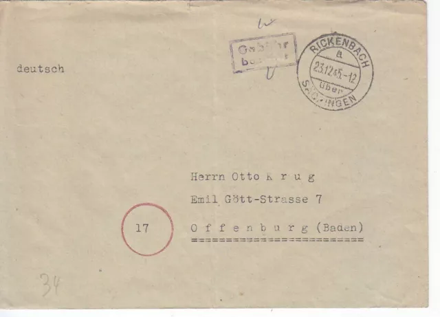 F.Zone - RICKENBACH  über  SÄCKINGEN  - Gebühr bezahlt - Brief - 1945