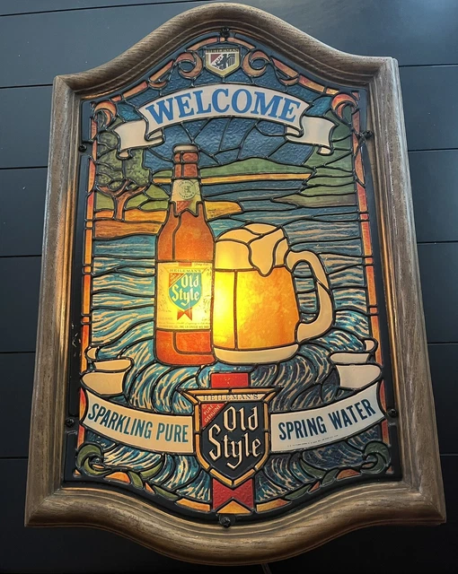 VINTAGE HEILEMAN'S OLD Style Beer Lighted Wall Sign Faux Stained Glass